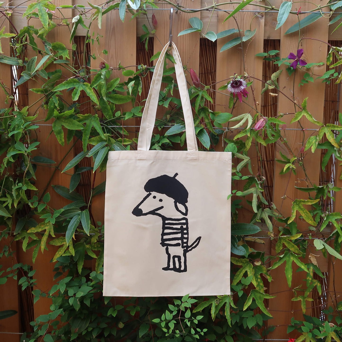 Beret Dog screen printed tote bag on natural cotton collaboration between Daisy Hirst and Soma Gallery.