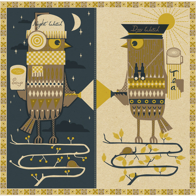 Which Watch signed original limited edition silkscreen print by Graham Carter of a night watch and a day watch bird.