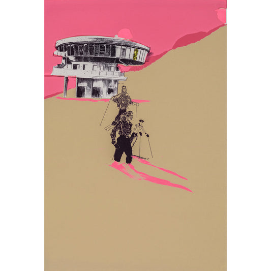 Winter Wonderland original limited edition silkscreen art print by Anna Marrow of skiers in pink and beige.