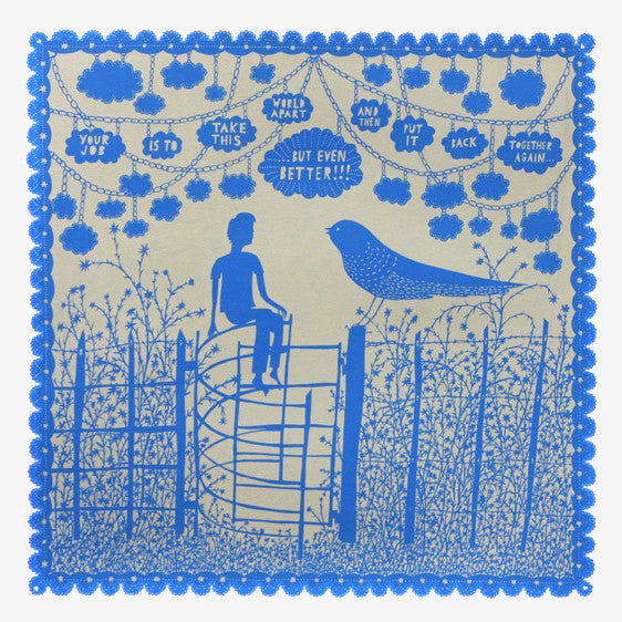 Your Job limited edition original art silkscreen print by artist and printmaker Robert Ryan depicting a man and a bird on a gate.