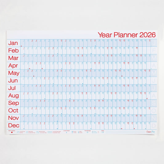 2026 Year planner for the wall by Crispin Finn in red white and blue, landscape version.