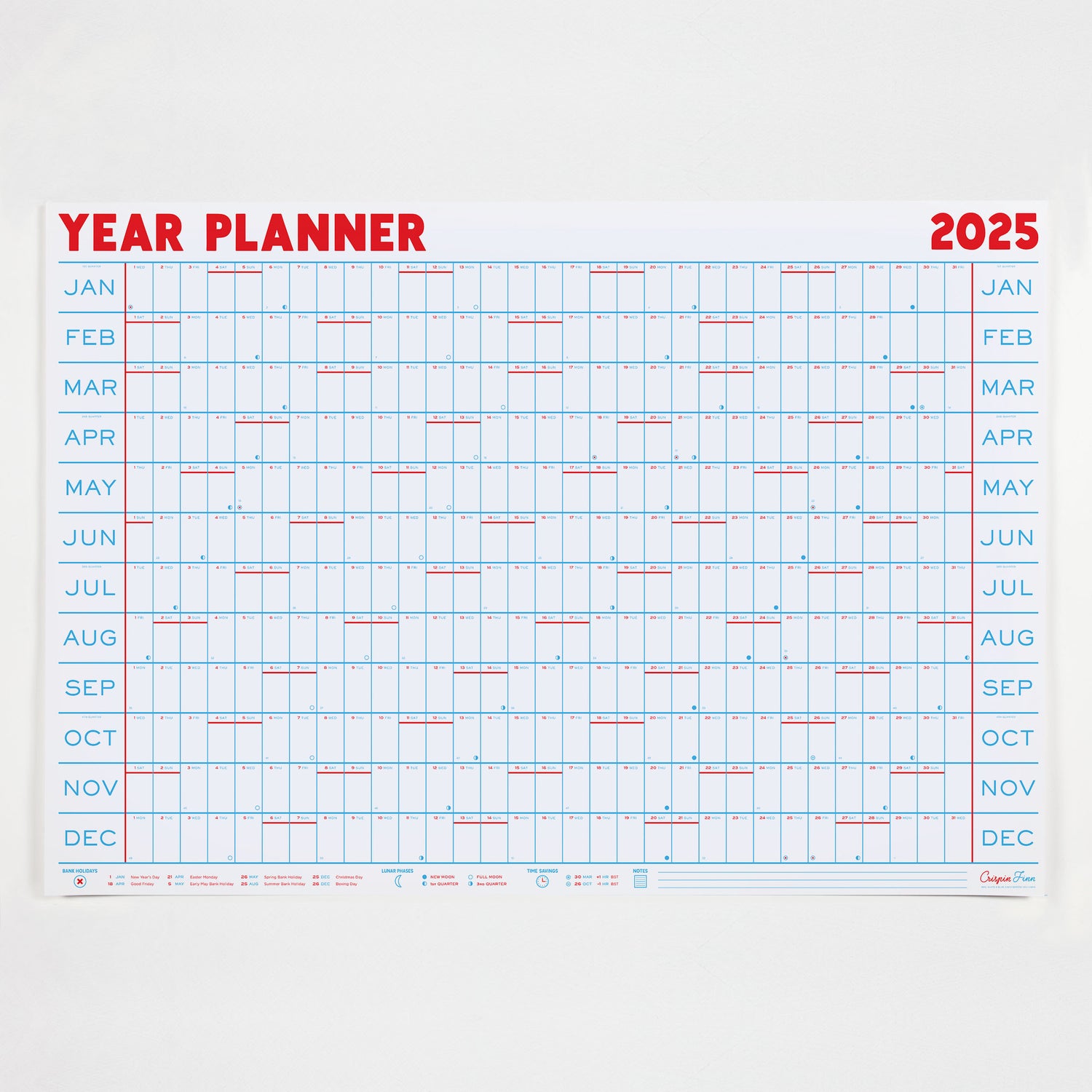 Year planner 2025 wall planner by crispin finn in red blue and white