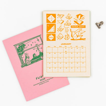 2026 Flight Illustrated Calendar by Pirrip Press with orange designs and a pink cover page on a white background hand screen printed.