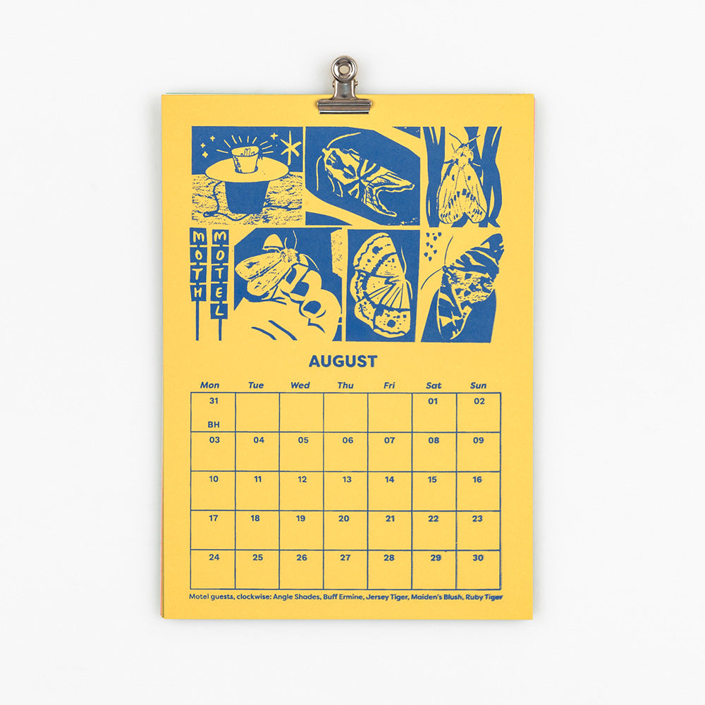 Calendar page with blue illustrations of moths on a yellow background, featuring the month of August by Pirrip Press.