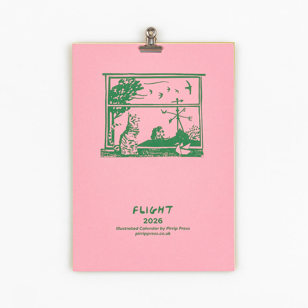 Pink 2026 Flight calendar front cover with green illustration and text, featuring a clip on a white background by Pirrip Press