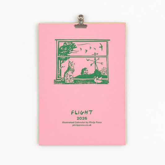 Pink 2026 Flight calendar front cover with green illustration and text, featuring a clip on a white background by Pirrip Press