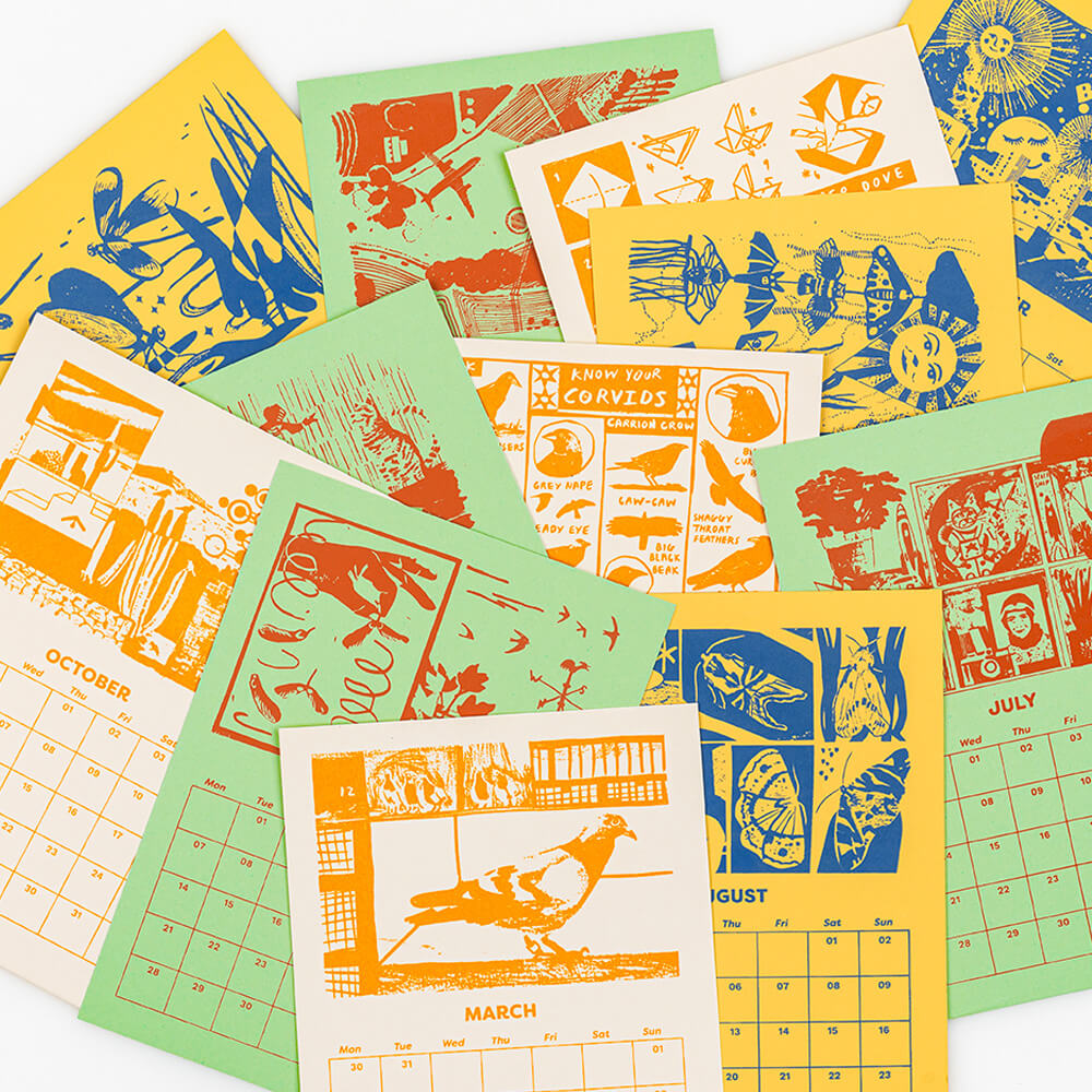 Collection of colorful hand screen printed calendar pages from 2026 Flight illustrated calendar by Pirrip Press with various designs and text featuring birds.