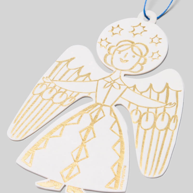Decorative letterpress Christmas angel ornament with gold outline on a gray background by Mortlake Papers