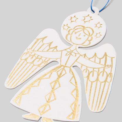 Decorative letterpress Christmas angel ornament with gold outline on a gray background by Mortlake Papers