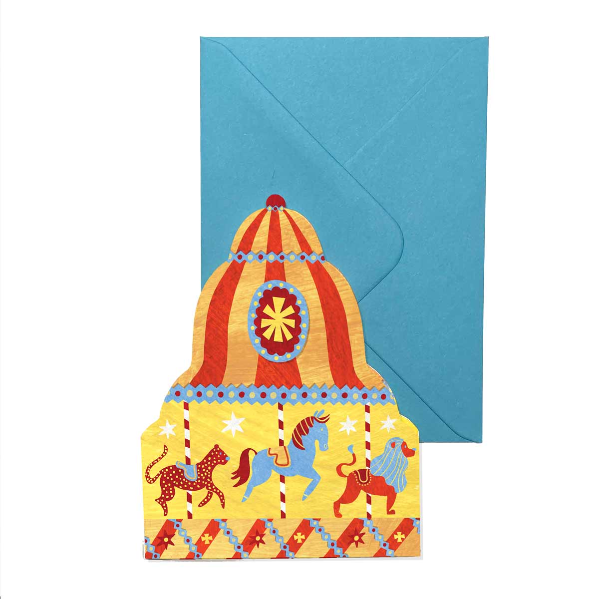 Carousel greeting card by Alice Lickens featuring a greeting card in a fairground carousel style in orange and red with a horse, a lion and a leopard on a white background with a blue envelope.