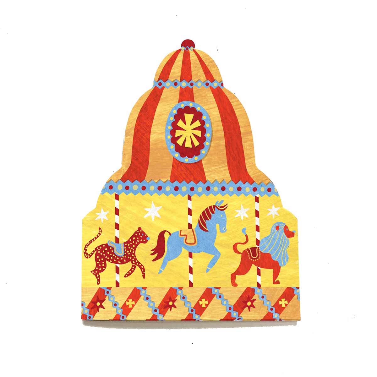Carousel greeting card by Alice Lickens for Mortlake Papers featuring a greeting card in a fairground carousel style in orange and red with a horse, a lion and a leopard on white background.
