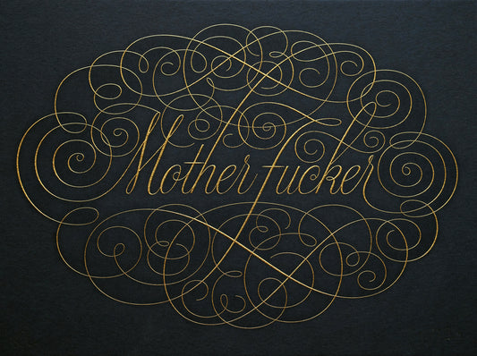 Cursive die embossed letterpresses print with ornate calligraphic text by Seb Lester.