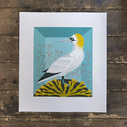 Screen print of an illustration of a taxidermy gannet by contemporary printmaker and artist Tom Frost in a mid-century style.