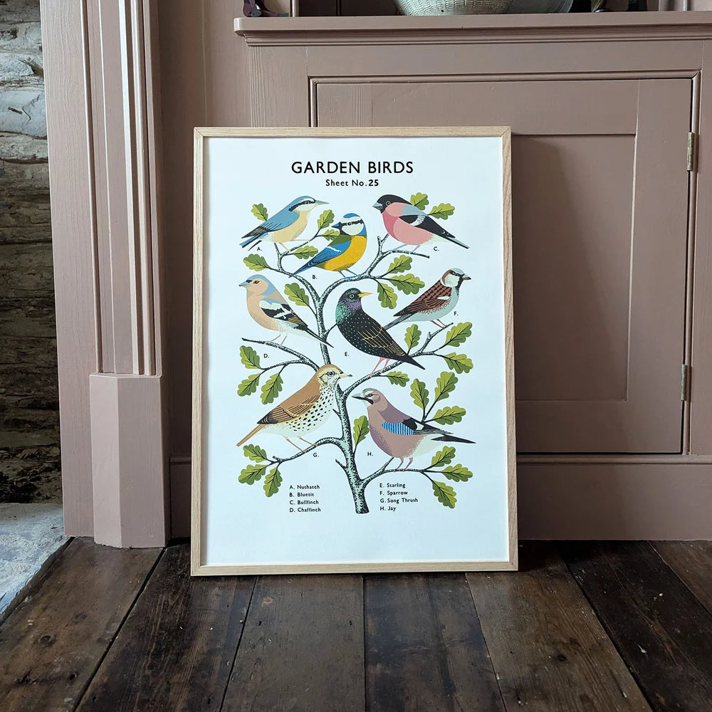 Framed artwork of garden birds on a branch by contemporary printmaker and artist Tom Frost, against a light blue background, displayed in a room with wooden flooring and a neutral wall.