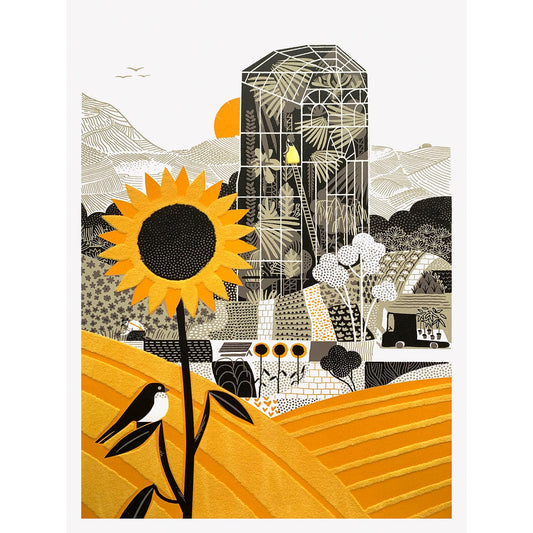 Hothouse Alice screen print and flocking by Graham Carter featuring a greenhouse, sunflower, fields, hills and a bird.