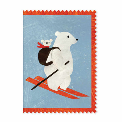 Mother polar bear and a baby in a backpack christmas holiday greeting card by mortlake papers