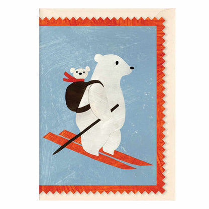 Mother polar bear and a baby in a backpack christmas holiday greeting card by mortlake papers