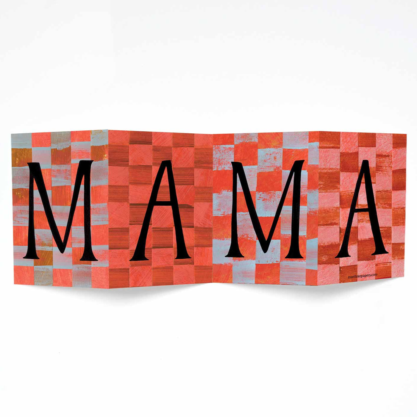 Decorative concertina greeting card by Alice Lickens for Mortlake pepers with 'MAMA' text on a white background.