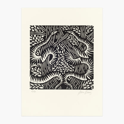 Serpents lino cut print by Anna Ruiz in black ink on off white paper of two snakes curled around tree branches with leaves