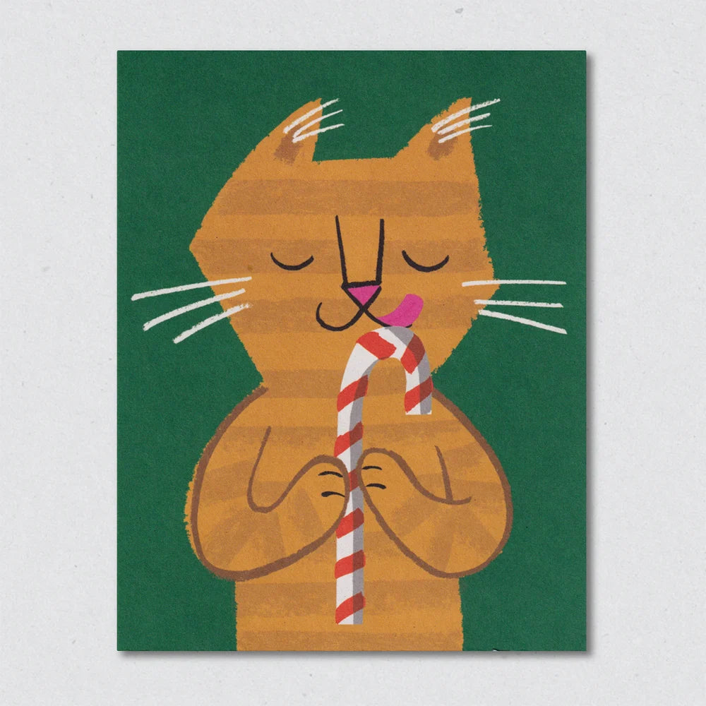 Candy Cane Cat Christmas Card by Lisa Jones Studio Illustration of a gingerbread cat holding a striped candy cane against a green background.