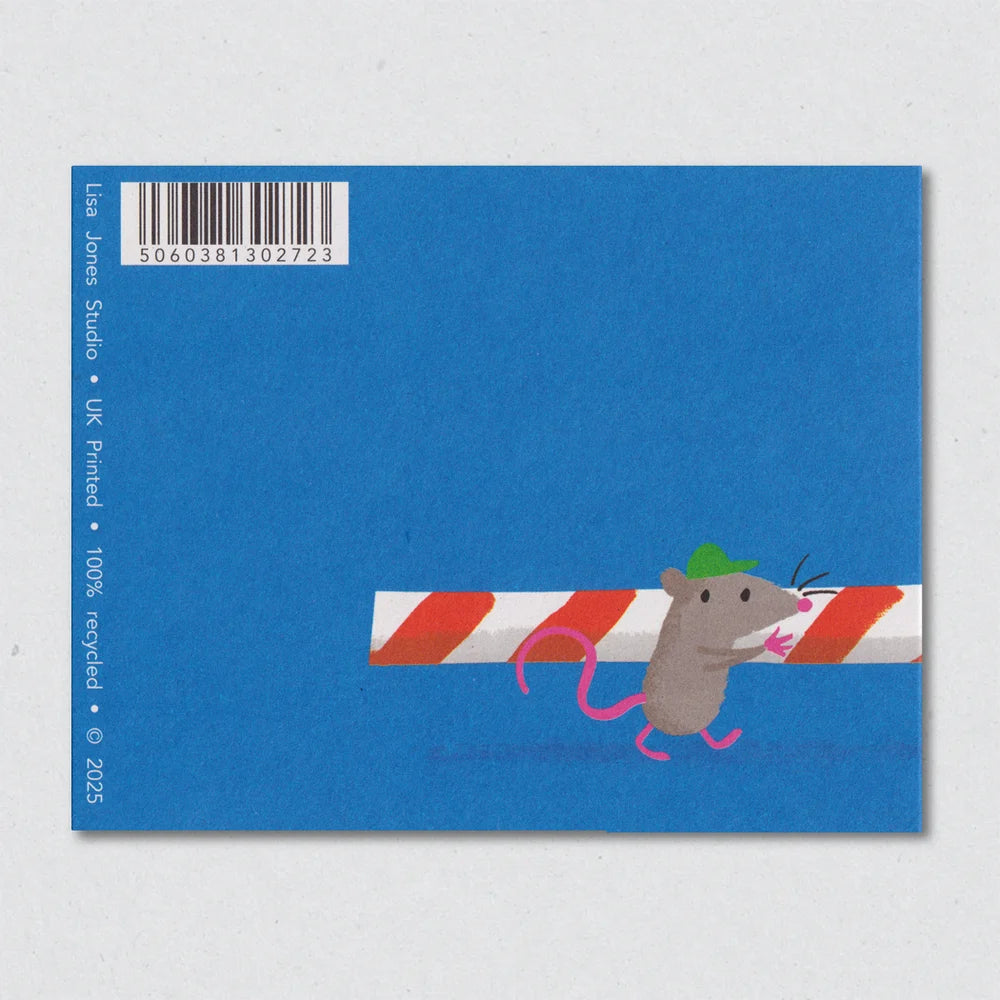 Candy Cane Caper Christmas card by Lisa Jones Studio featuring an illustration of a mouse with a candy cane on a blue background, this is the reverse of the card.