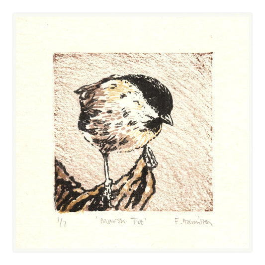 Marsh tit kitchen lithograph by contemporary printmaker, Fiona Hamilton, featuring a little brown bird with a black cap printed onto cream Japanese tissue in brown, black and yellow.
