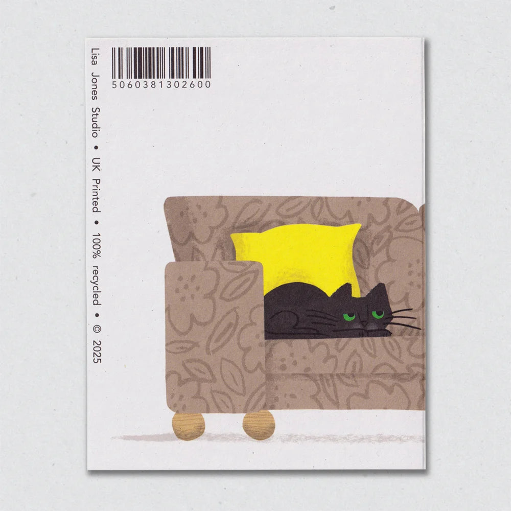 Frenemies greeting card reverse by Lisa Jones Studio featuring a black cat on a brown floral sofa.