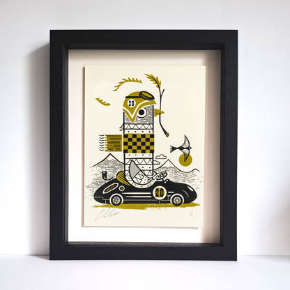 Pigeon Racer original limited edition silkscreen print by Graham Carter featuring a bird in a racing car.