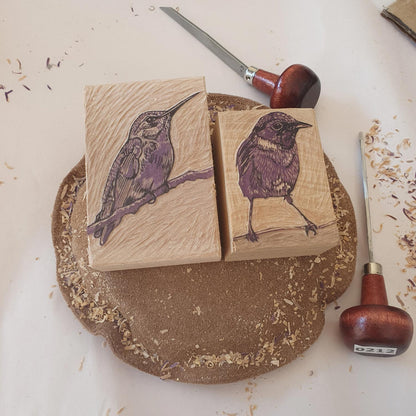Stonechat miniature wood engraving original limited edition art print by Fiona Hamilton.