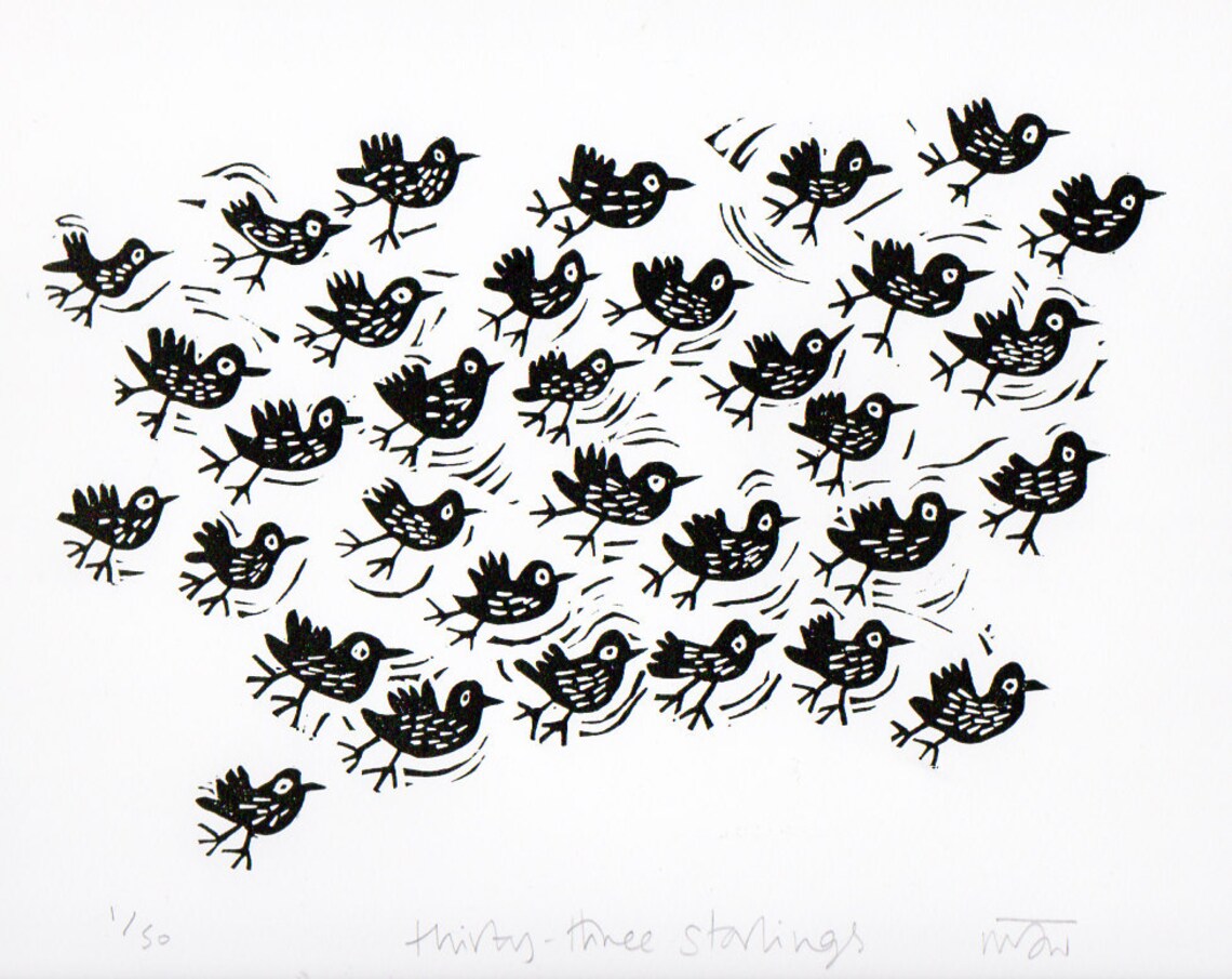 Thirty Three Starlings Linocut Art Print