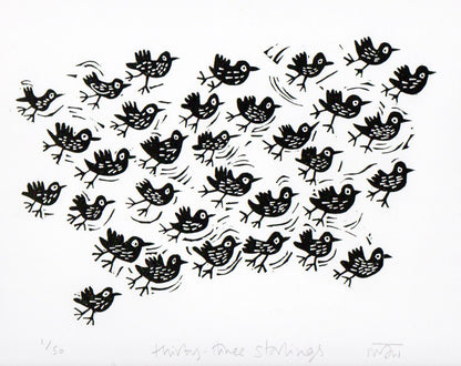 Thirty Three Starlings Linocut Art Print