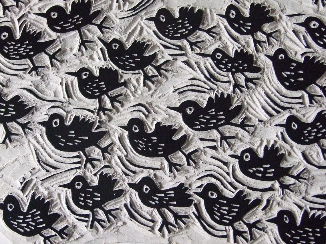 Thirty Three Starlings Linocut Art Print