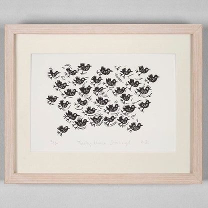 Thirty Three Starlings Linocut Art Print
