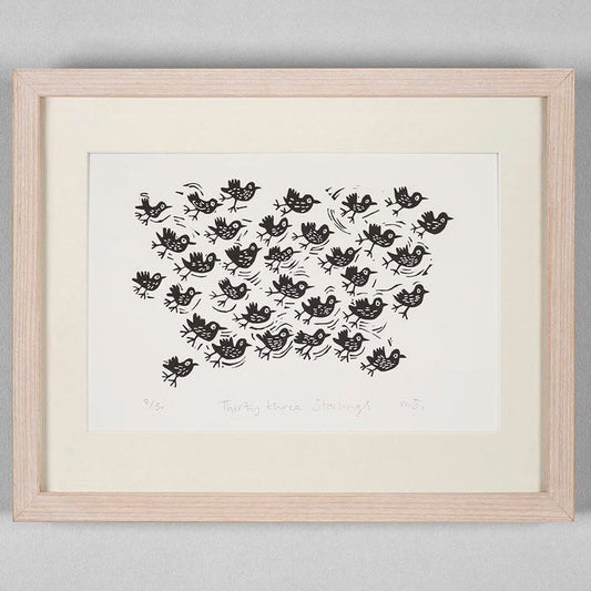 Thirty Three Starlings Linocut Art Print