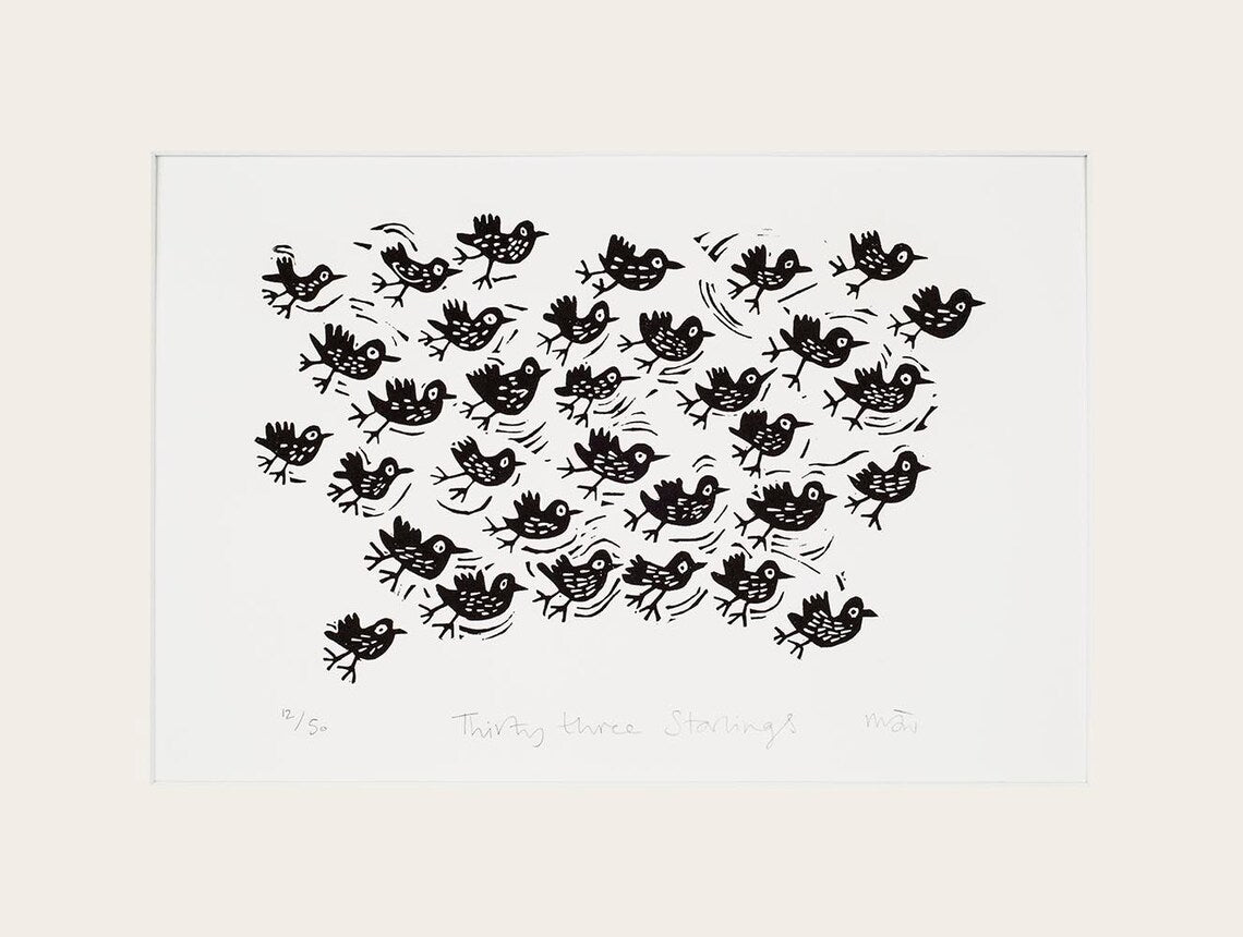 Thirty Three Starlings Linocut Art Print