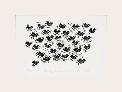 Thirty Three Starlings Linocut Art Print