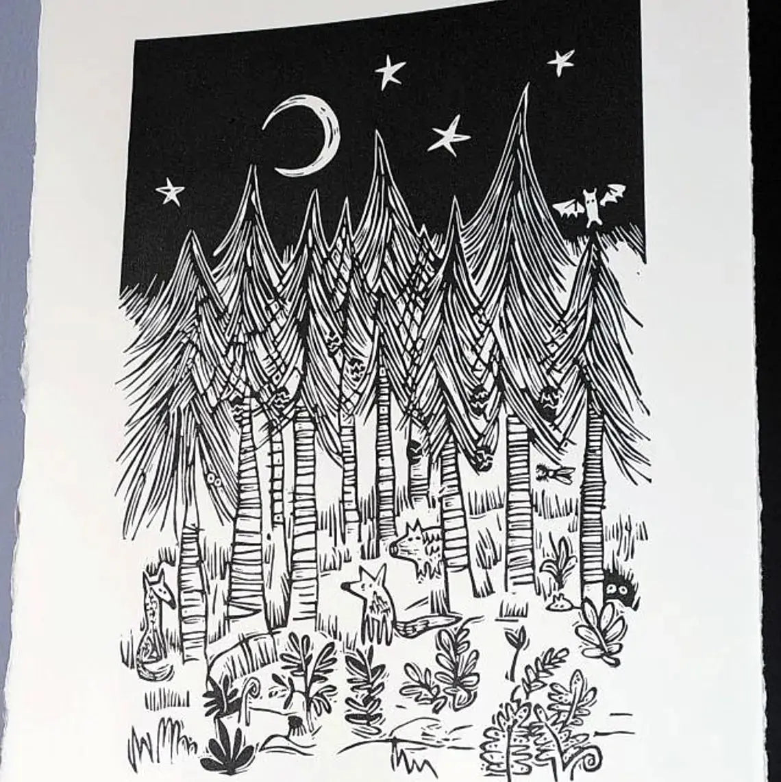 In the Forest at Night Linocut Art Print