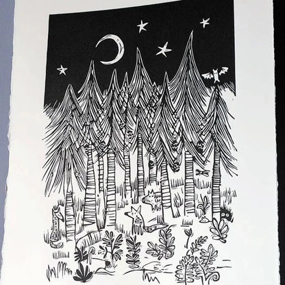 In the Forest at Night Linocut Art Print