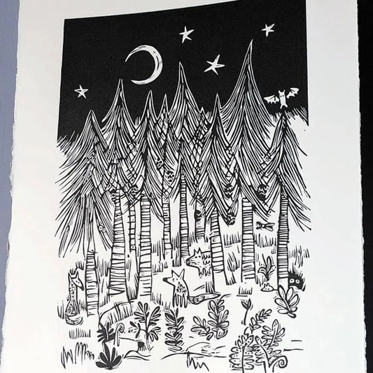 In the Forest at Night Linocut Art Print
