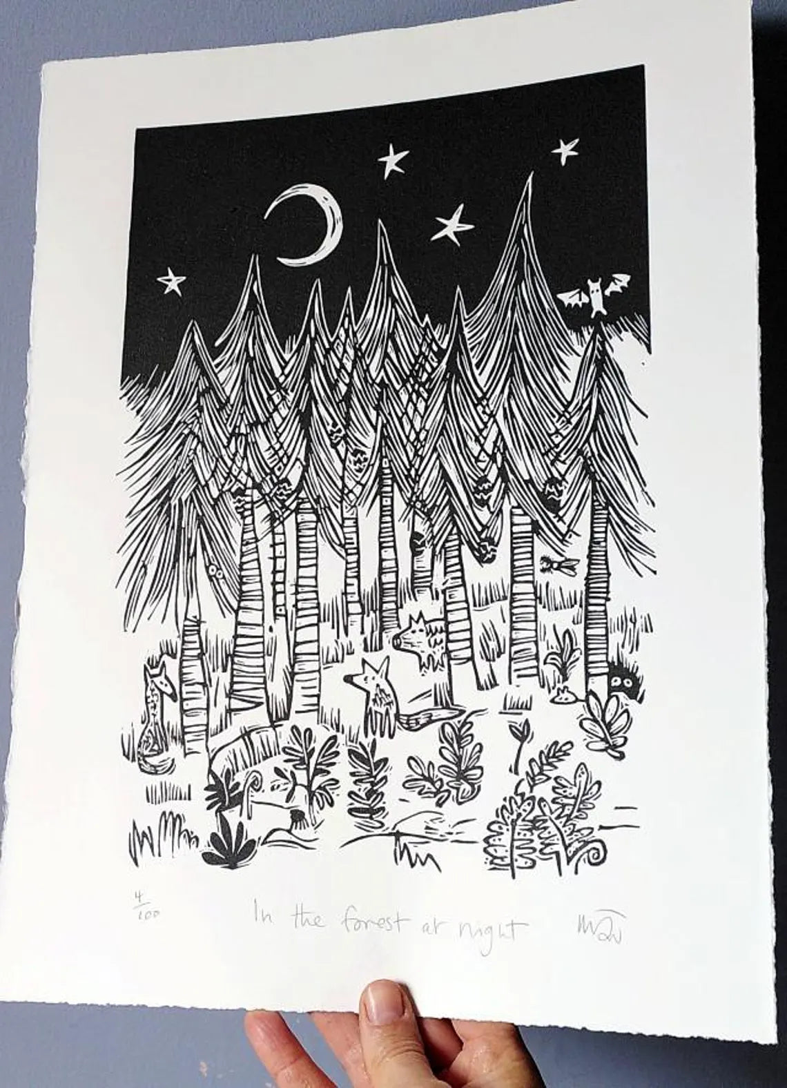 In the Forest at Night Linocut Art Print