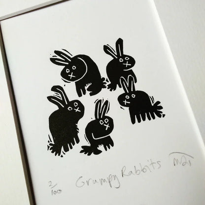 Grumpy Rabbits Linocut Art Print