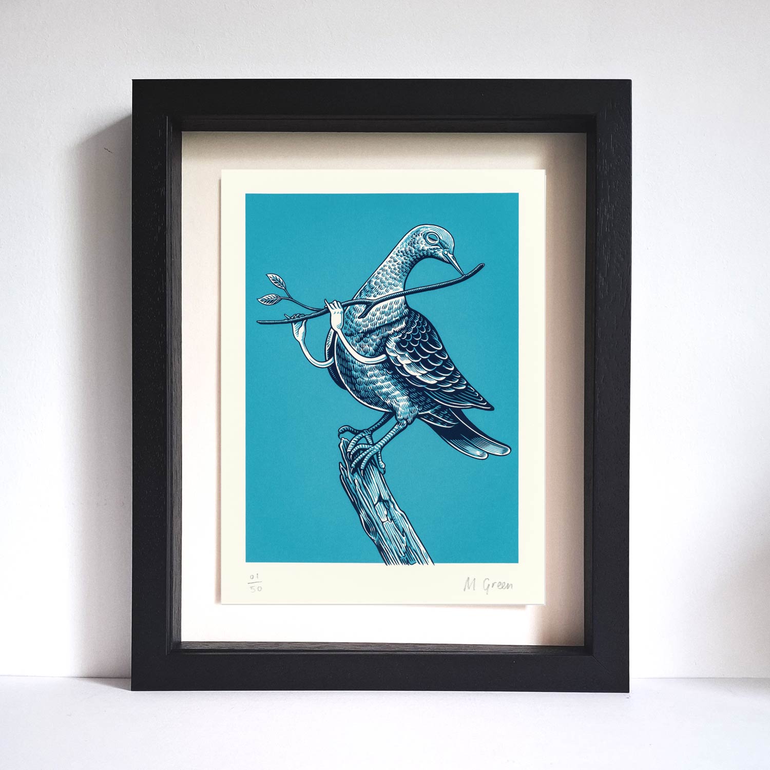 Bird song screen print by matthew green featuring a bird playing a twig like a flute. Bird is perched on a stump and has two arms and hands.