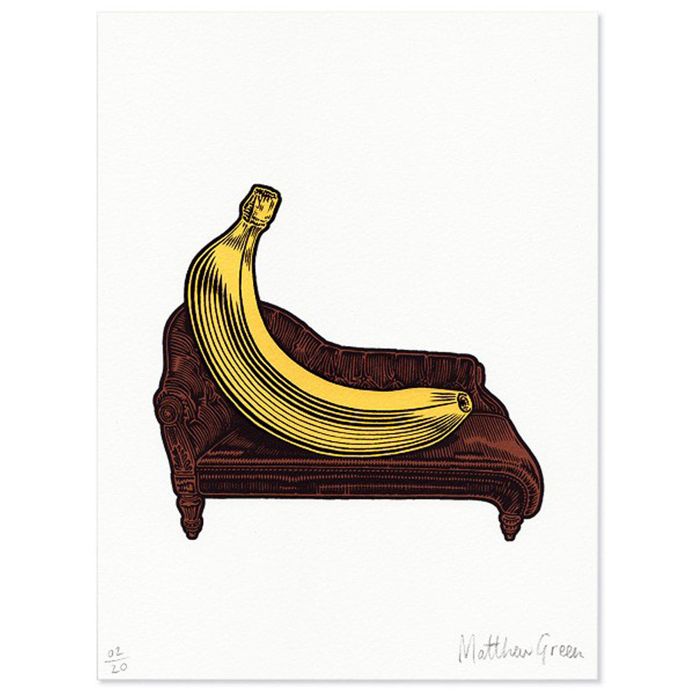 Screen print of a brown couch with a yellow banana on top, on a white background by contemporary printmaker and illustrator, Matthew Green.