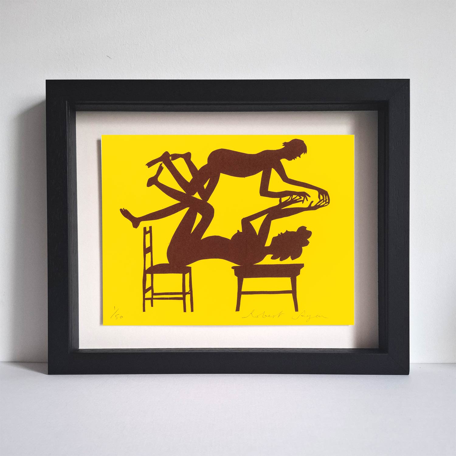 Untitled original limited edition art screen print by printmaker Robert Ryan in yellow and burgundy featuring a man and a woman on a chair and table.