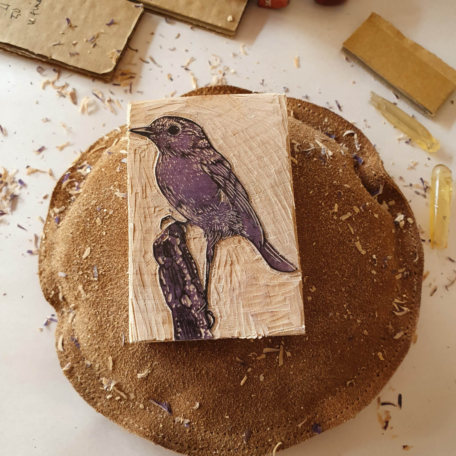 Robin on stump miniature wood engraving print by Fiona Hamilton. 