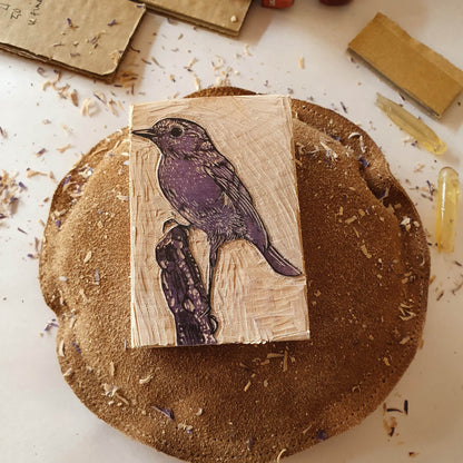 Robin on stump miniature wood engraving print by Fiona Hamilton. 