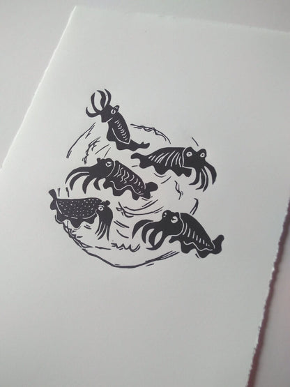 A Scuttle of Cuttlefish Linocut Art Print