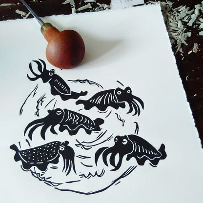 A Scuttle of Cuttlefish Linocut Art Print