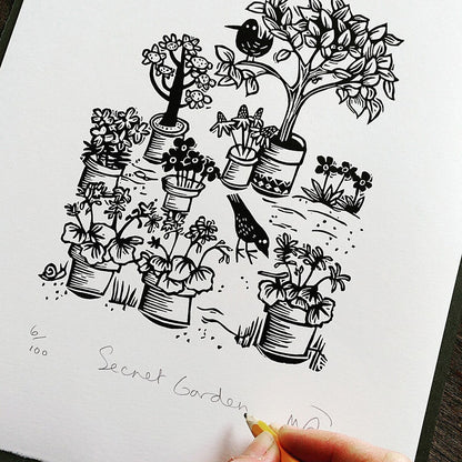 Secret Garden Linocut Art Print