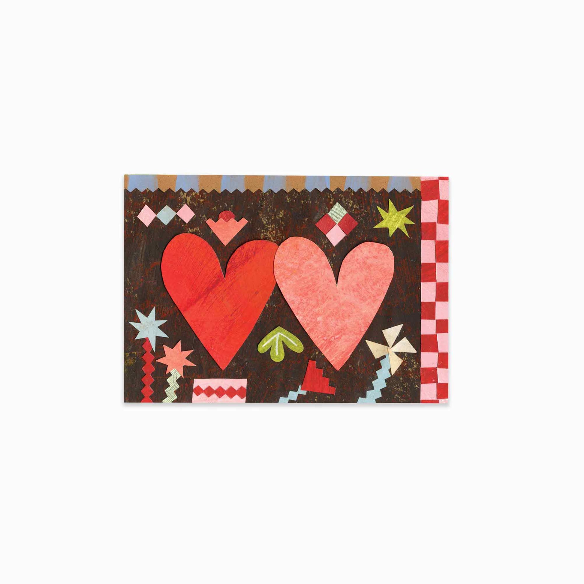 Two Hearts valentines greeting card by Alice Lickens for Mortlake Papers from an original collage.